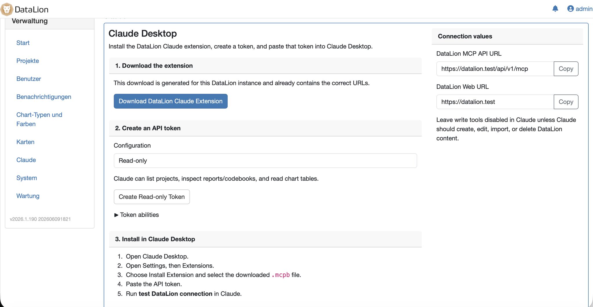 DataLion-Adminseite „Claude Desktop": Erweiterung herunterladen, schreibgeschützten API-Token erstellen und Verbindungswerte kopieren